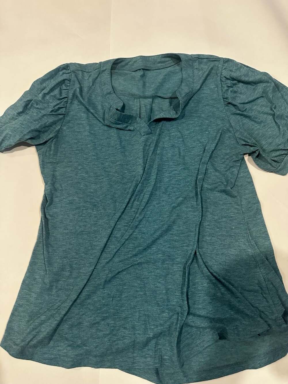Womens Green Puff Sleeve V-Neck Blouse